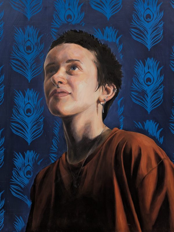 Oil portrait of young man looking up with dramatic shadow cast over one eye. Peacock feather lino prints in background