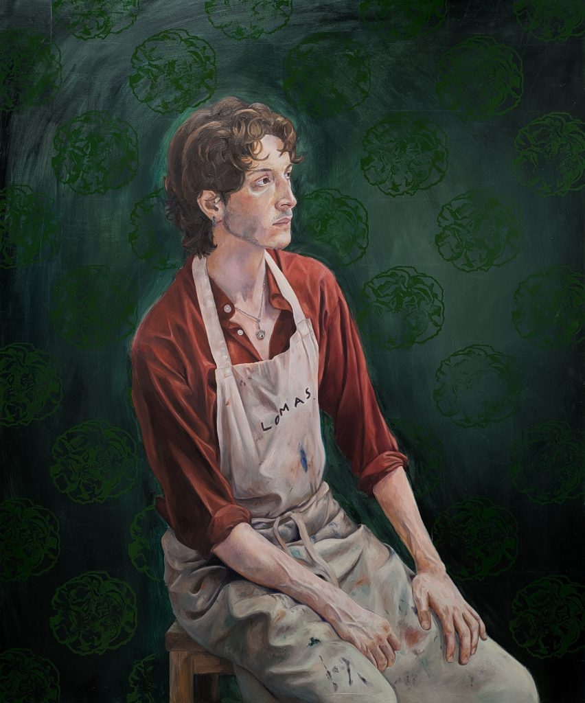 Oil portrait of man looking to side with printed carnations in the background