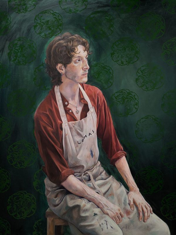 Oil portrait of man looking to side with printed carnations in the background